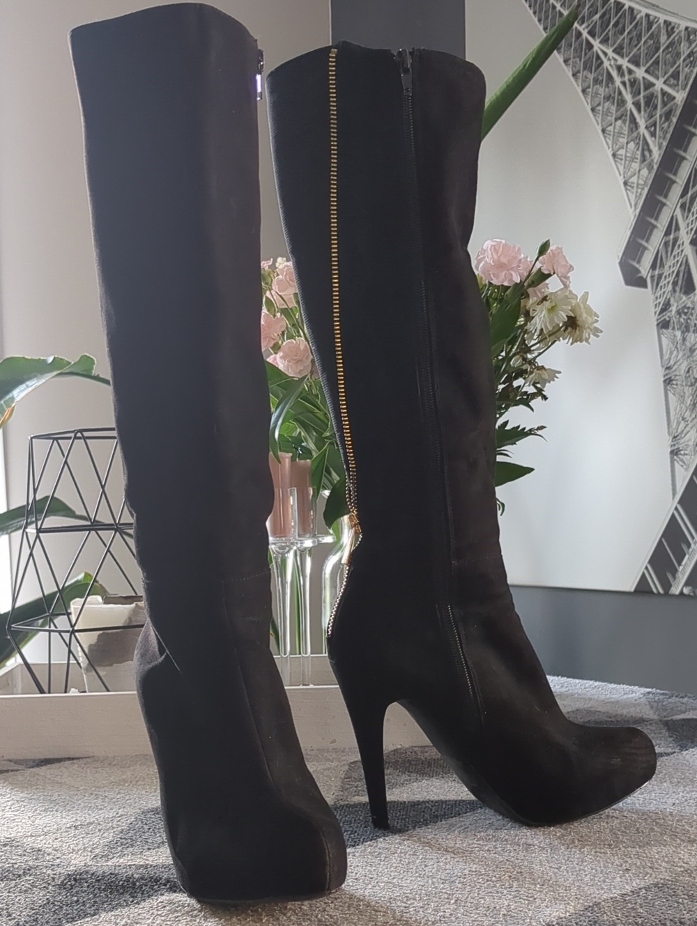 Aldo Black Under-the-Knee Stiletto Boots with Gold Zip Detail